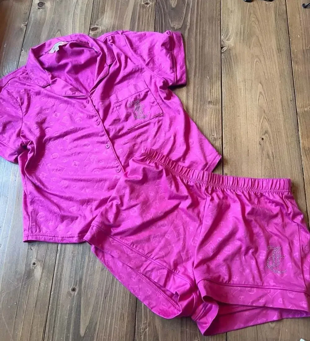 Juicy Couture Women's Two-Piece Short Sleeve Button-Down Pajama Set with Rhinest